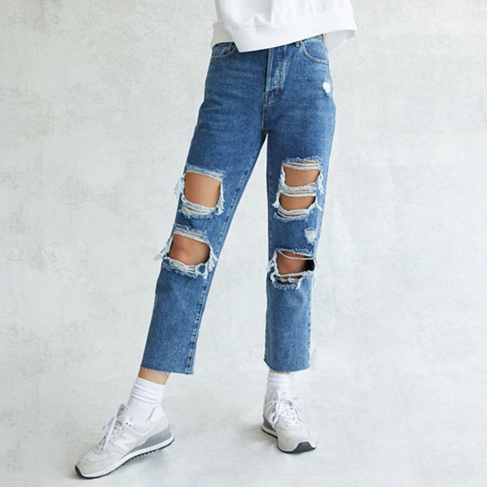 PacSun Medium Blue Distressed High Waisted Straight Leg Jeans